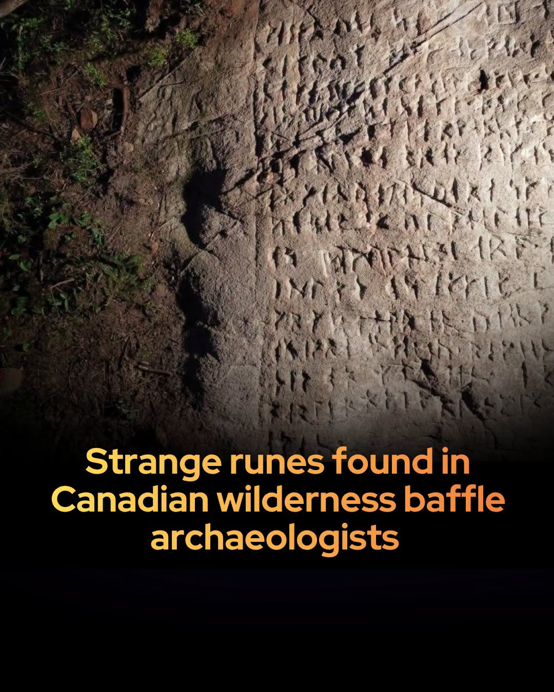 Facebook poster showing rune-like carvings and text about strange runes found in Canadian wilderness