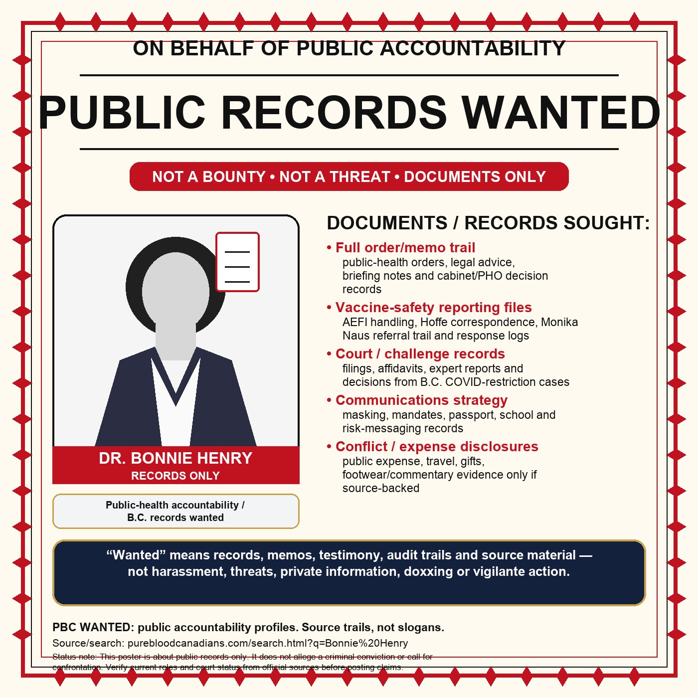 Dr. Bonnie Henry — Public Records Wanted poster