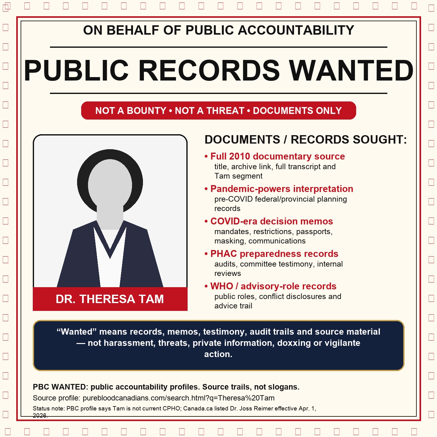 Dr. Theresa Tam — Public Records Wanted poster