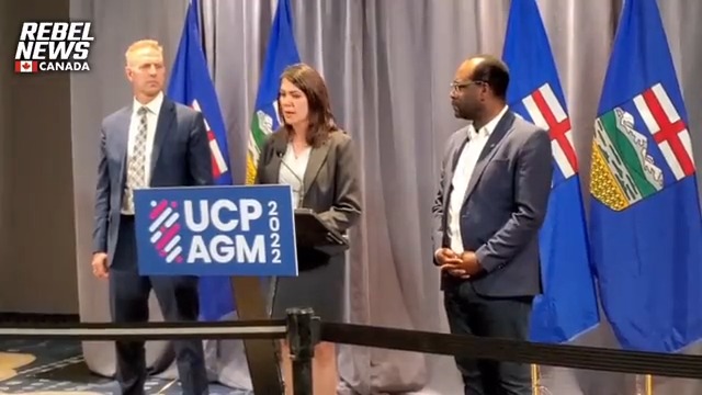 Rebel News X video still showing Danielle Smith at UCP AGM 2022